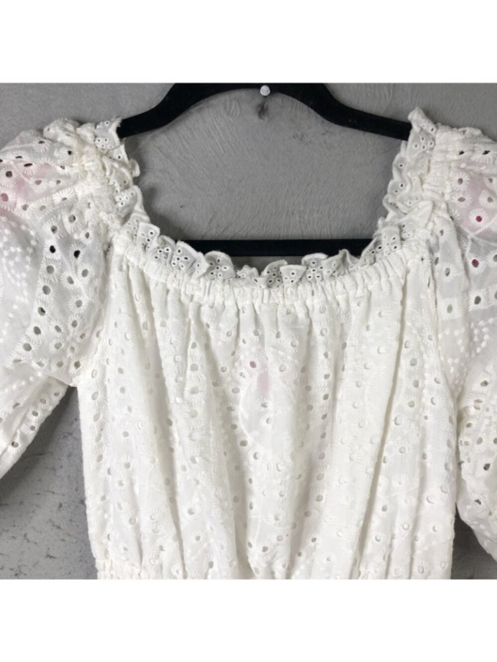 Betsey Johnson Dress Womens S White Eyelet Lace Smocked Midi Puff Sleeve Boho - Picture 13 of 16